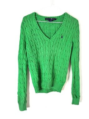 Ralph Lauren Sport Green Cable Knit V Neck Sweater Cotton Embroidered Logo